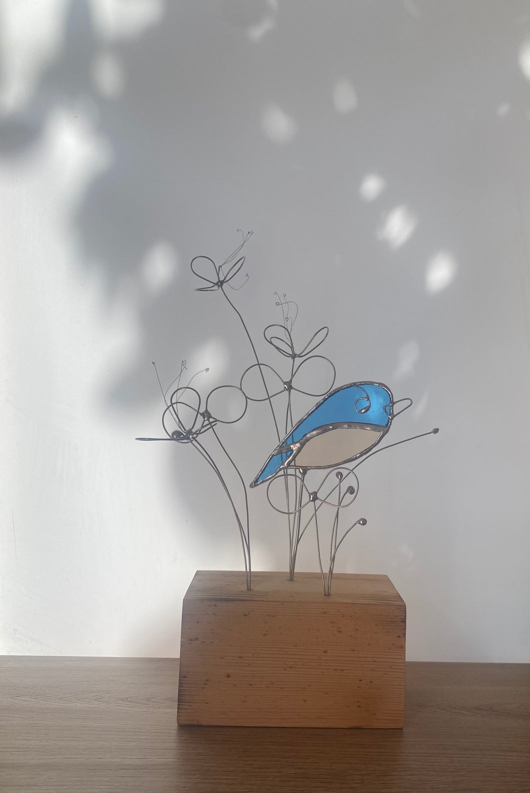 Wire Flowers With Stained Glass Bluebird